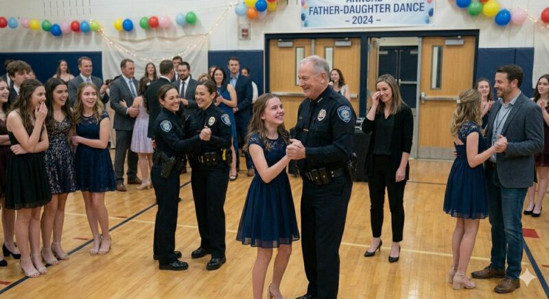 Miután a férjem elhunyt, elmentem helyette a lányom apja-lánya iskolai báljára – A lányom osztálytársai nevettek, amíg 5 rendőr be nem lépett a terembe.
